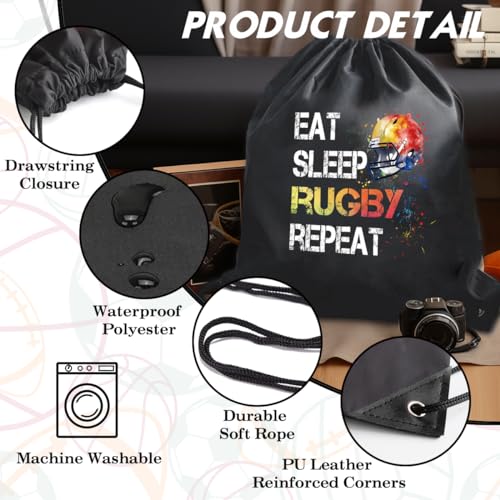 rofiowa Eat Sleep Rugby Repeat Drawstring Backpack For Men Women, Waterproof Sport Sackpack For Rugby Lover Rugby Fan, Funny Birthday Christmas String Gym Bag Gifts For Her Him
