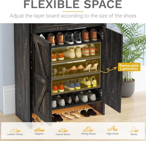 DWVO Dark Rustic Oak Shoe Cabinet - 6-Tier Rustic Oak Finish, Storage with Doors, Drawer & Adjustable Shelves with Induction Strip for Hallway, Living Room