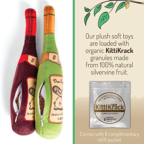 Twincritters Kittilush 2-Pack Organic Silvervine Catnip Substitute Toys For Cats & Kittens | 100% All-Natural Wild Harvested Silvervine | 2 Twincritters Refillable Wine Bottle Plush Cat Toys #TOP2