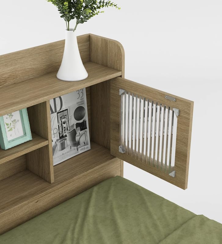 Image of Mintwud Pepperfry Engineered Wood Vida King Size Bed with Box Storage, Open Shelves and 2 Door | Wooden Double Bed Cot Palang Furniture for Living Room Bedroom Home and Hotels (Santana Oak Finish)