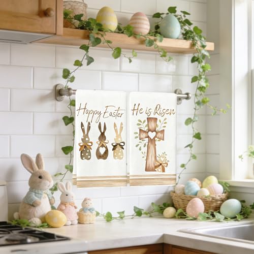 PIujsym 4 Stück Geschirrtuch Ostern Set - Saugstarke Geschirrtücher Ostern Baumwolle mit Hase & Kreuz Motiv - Geschirrtücher Rosa Küche Deko Passend - 40x60cm Osterdeko Handtuch für Frühling