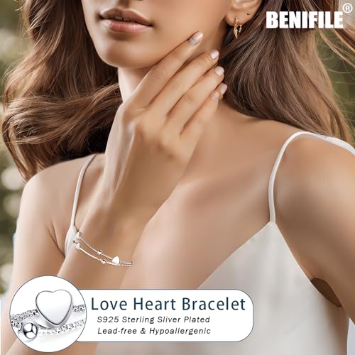 BENIFILE Silver Heart Bracelet Sterling Silver Bracelet for Women Girls Layered Charm Bracelets for Women Ladies Silver Bracelets Friendship Bracelets for Girls Women's Jewellery - Image 3