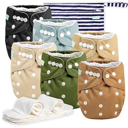 Image of wegreeco Cloth Diapers 6 Pack with 6 Inserts & 1 Wet Bag, Washable Cloth Diapers for Babies, One Size Adjustable Reusable (Warm Colour)