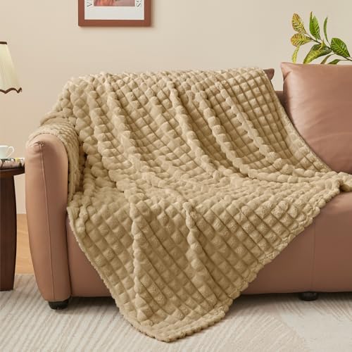 Image of BEDELITE 3D Checked Camel Fleece Throw Blanket for Couch, 50x60 Inches