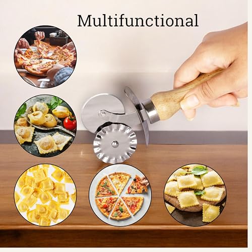 Image of Kreshu 2 in 1 Stainless Steel Double Tip Wheel Pizza Cutter with Wooden Handle | Kitchen Tool Accessories for Pizza & Pastry Pasta Spaghetti Ice Cream Cubes Cutting and Sandwich Slicer (Pack of 1)