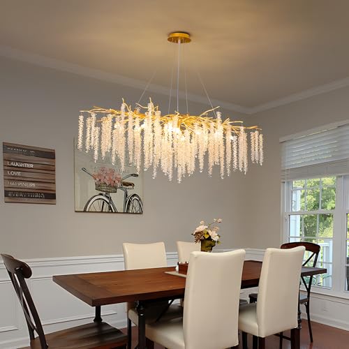 Puvaue Tree Branch Chandelier L47 Luxury Rectangular Crystal Raindrop Pendant Light 13 Lights Kitchen Island Hanging Light Fixture for Living Room Dining Room Foyer Entryway Gold