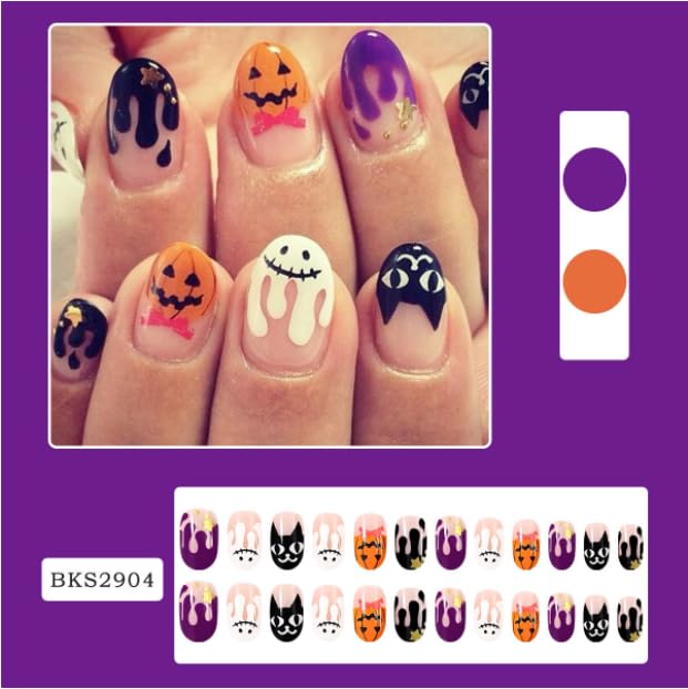 Halloween nails Press on Nails Fake Nails Tips Full Cover Medium False Gradient Nails for Women and Girls 24PCS (Halloween, Middle nail)