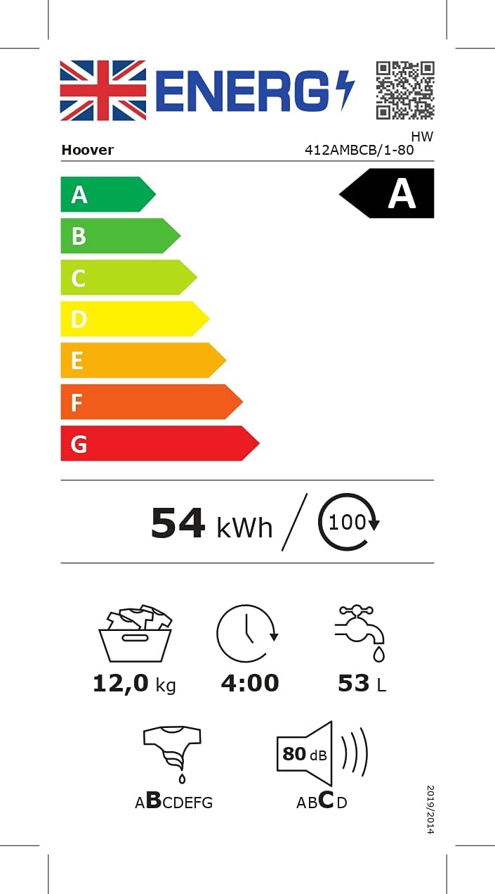 Hoover H-Wash 500 HW412AMBCB Freestanding Washing Machine, Large Capacity, Energy Class A, 12 kg Load, 1400 rpm, Black