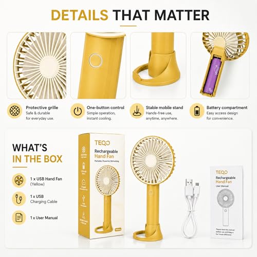 Image of TEQO Rechargeable Hand Fan 4800 RPM High Speed | 1200mAh Battery, Up to 6 Hours Runtime | Portable USB Fan with Mobile Stand & RGB Light | 3 Speed Personal Mini Fan for Travel, Makeup (Yellow)