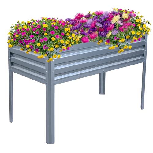 TMEE Galvanized Raised Garden Bed with Legs, 48x24x32In Planter Bed with Drainage Hole Outdoor Gardening for Herbs Flowers Vegetables Fruits, Elevated Metal Planter Box in Backyard Patio (Silver)