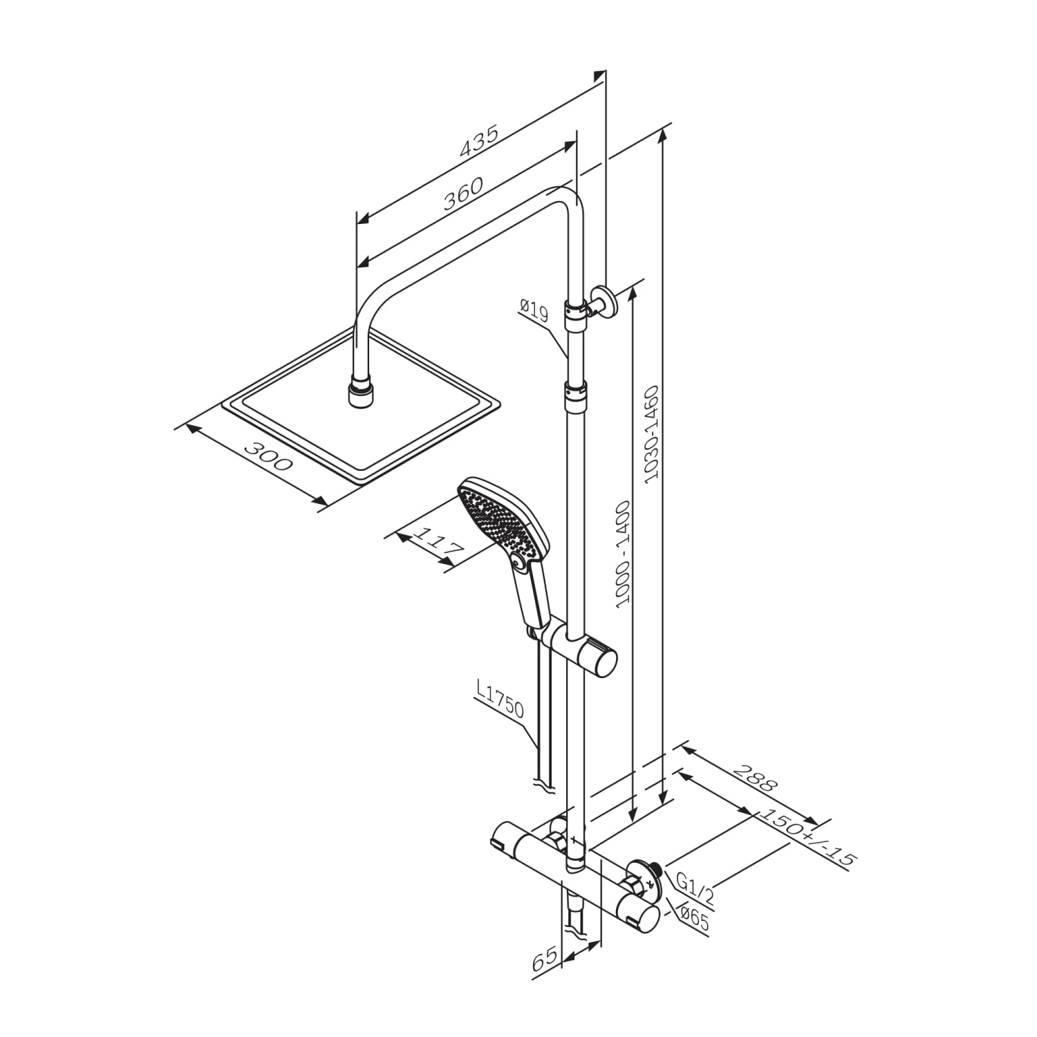 AM.PM X-Joy Duschsystem mit Thermostat & Wanneneinlauf, Komplettes Duschset mit Regendusche 30 cm & Handbrause, höhenverstellbare Duschsäule 103–146 cm, Brauseschlauch 1750 mm, Chrom, Anti-Kalk