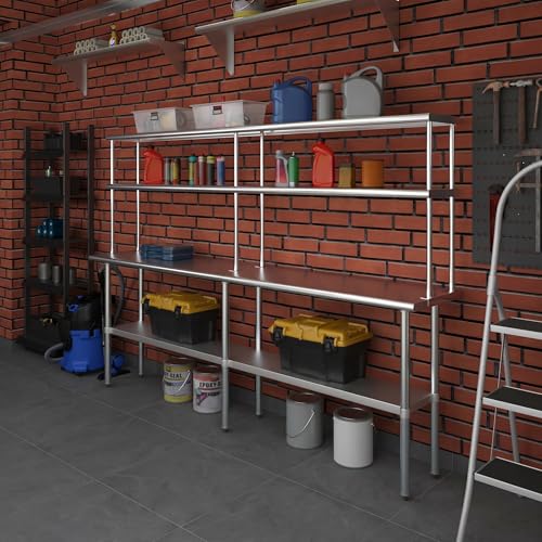 Image of AmGood Stainless Steel Work Table with 12 inch Wide Double Tier Overshelf | Metal Kitchen Prep Table & Shelving Combo | NSF (Stainless Steel Table with Double Overshelves, 96 inch Long x 18 inch Deep)