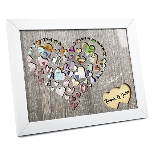 AceList Regalo de dinero, de madera auténtica, para boda, con diseño de corazón en el marco de fotos, regalo de boda, regalo de cumpleaños, bautismo, regalos de boda para recién casados (gris) Cover