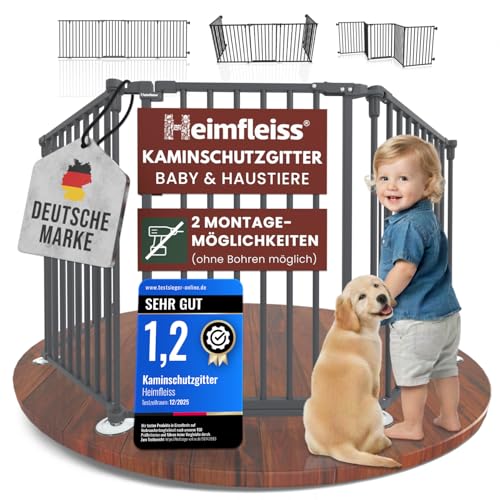 Heimfleiss® Kaminschutzgitter Baby mit Sicherheitsverschluss | Ofenschutzgitter für Kinder & Hunde | Ofengitter Kinderschutz aus Stahl | Universal nutzbar als Kamin-, Tür- & Treppenschutzgitter (Grau)