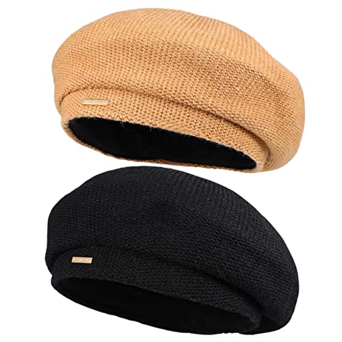 Beavorty 2pcs Knitted Beret Hats for Women Breathable French Style Beret Hat Outdoor Sun Brim