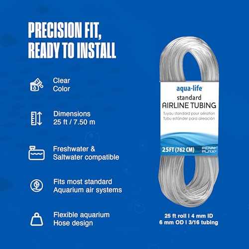 Image of Penn-Plax Aqua-Life Standard Airline Tubing - 3 /16 Inch Flexible Airline Hose for Aquarium Pumps, Fish Tank Line for Air Stones & Filters - Safe for Freshwater & Saltwater - 25 ft Long, Clear