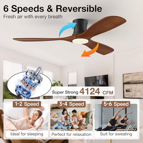 Image of 52In Wood Low Profile Ceiling Fans with Lights Remote,Flush Mount,Outdoor
