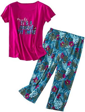 GTLY Women's Pajama Set Short Sleeve Shirt and Capri Pants Sleepwear Pjs Sets Ladies Plus Size Cute Print Cotton Lounge Set Rose
