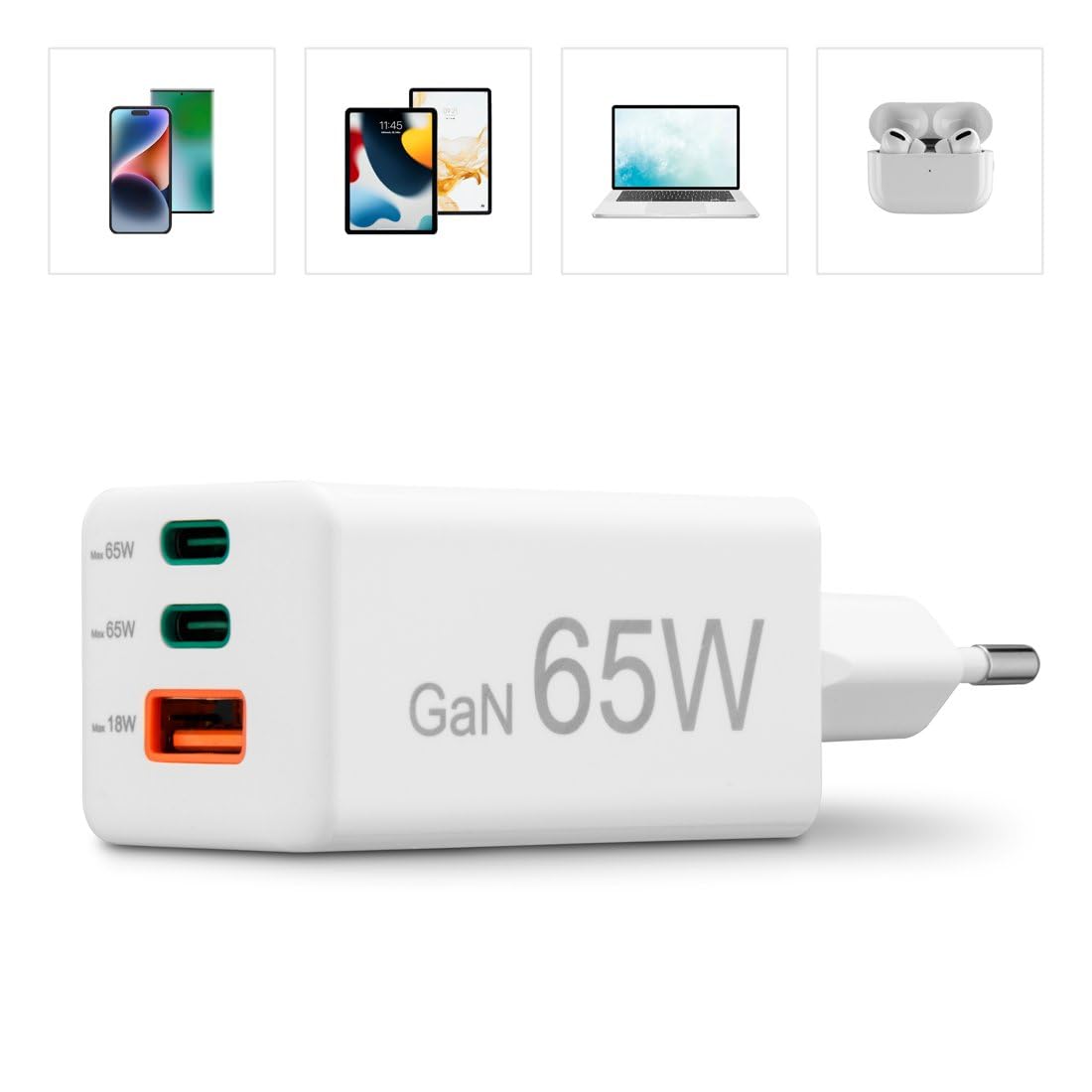 Hama 65W Chargeur USB C Rapide 3 Ports - Technologie GaN, Certifié Power Delivery & Qualcomm® Quick Charge™ 3.0, Petit et Compact - Blanc