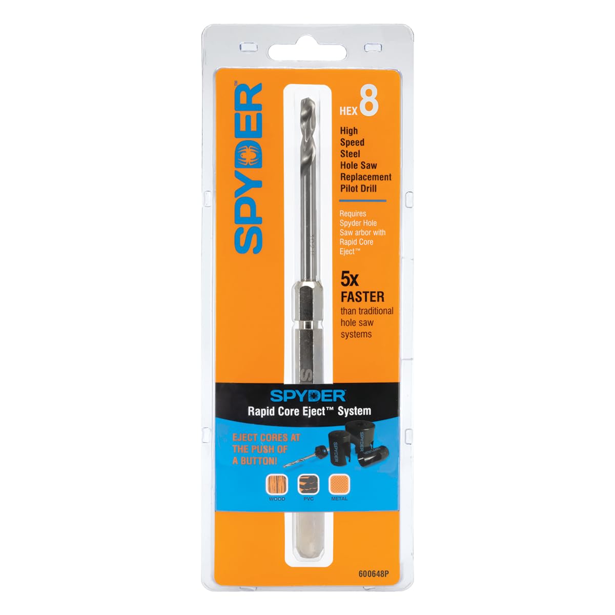 Spyder Hex8 3/8-inch Quick Change Hole Saw Arbor & Pilot Bit - For Wood, Metal, Plastics, Rapid Core Eject - View #7