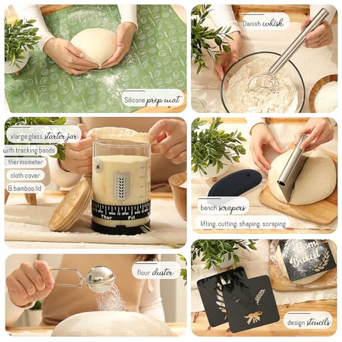 All-Inclusive 𝗣𝗥𝗘𝗠𝗜𝗨𝗠 Sourdough Starter Kit with Pot, 34 Oz Starter Jar, 4 Banneton Bread Proofing Baskets, Scraper, Scale, Sourdough Bread Baking Supplies, Detailed Beginner Guide & Recipes