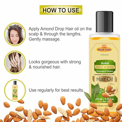 Image of Khadi Natural Herbal Almond Massage Oil For Full Body Massage,Skin Lightening ,Brightening ,With Olive, Jojoba Oil|Remove Acne|Powerful Moisturizer- Stress Releif Oil,Relax Body & Mind,Pain Relaif-Women /Men (Pack Of 2 - 420 ml., Sweet Almond Oil)
