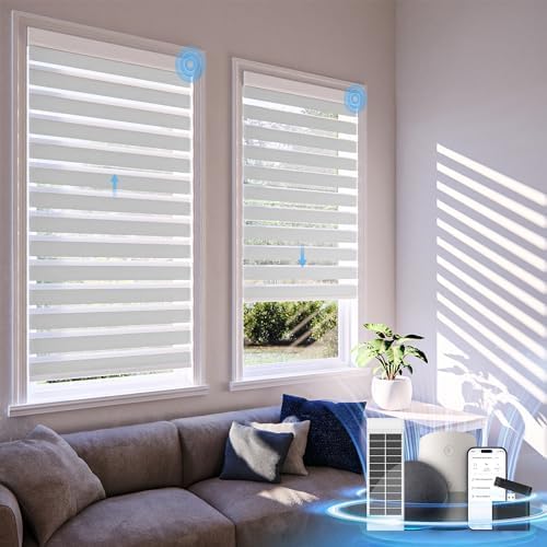 Motorized Zebra Blinds with Remote Control,Solar Powered Rechargeable Dual Layer Smart Blinds,Horizontal Wireless Electric Cordless Blinds,Custom Size?White?32" W X 72" H White 32"W x 72"H