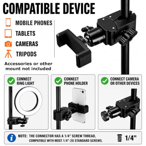 Image of Brolaviya Camera Super Clamp with Male 1 /4 inch-20 Screw Mount, Adjustable Crab Clamp for Photography Equipment, Monitor, LED Light, Action Camera, Fits 13-47mm Pipes, Rods & Bars