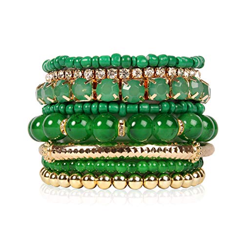 RIAH FASHION Multi Color Stretch Beaded Stackable Bracelets - Layering Bead Strand Statement Bangles (Original - Dark Green, 7)