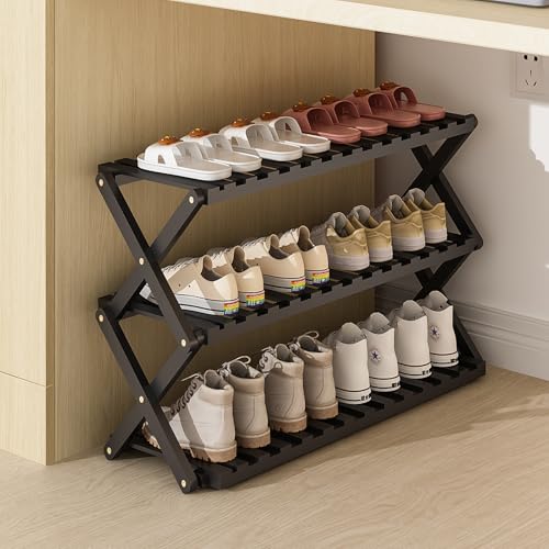 SKW 竹製 折りたたみ シューズラック 組み立て不要、玄関 コンパクト 多機能 収納 (ブラック, 幅70cm (3層))