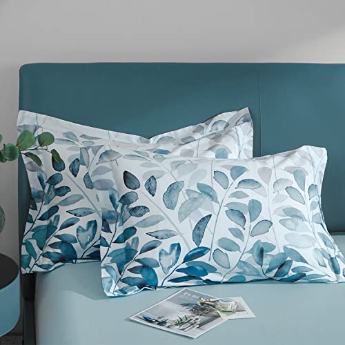 Mildly 100% Long-Staple Cotton Pillow Shams - Gradient Blue Leaf Printed Envelope Pillowcases Queen Size 20 Inchx26 Inch 2Pcs cover