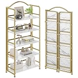 No-Assembly Gold Folding Bookshelf Storage Shelves 5 Tiers Vintage Multifunctional Plant Flower Stand Storage Rack Shelves Bookcase for Home Office
