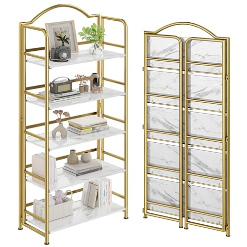 No-Assembly Gold Folding Bookshelf Storage Shelves 5 Tiers Vintage Multifunctional Plant Flower Stand Storage Rack Shelves Bookcase for Home Office