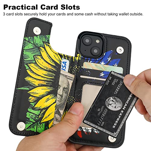 Image of HAOPINSH for iPhone 13 Case Wallet with Card Holder, American Flag Sunflowers Pattern Back Flip Folio PU Leather Kickstand Card Slots Case for Women Girls, Double Magnetic Clasp Cover 6.1 inch