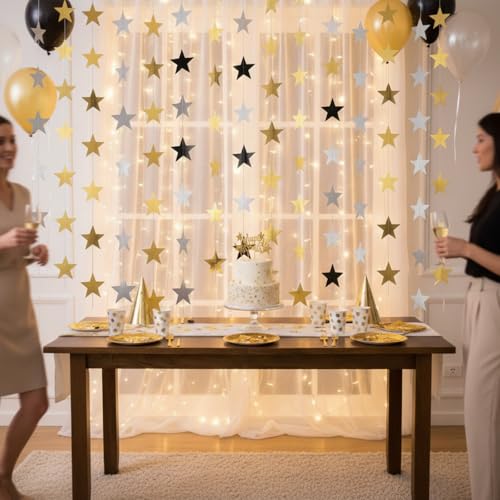 Image of Patelai Glitter Star Garland Banner 2026 Party Decoration Double Side Star Hanging String Streamer Paper Twinkle for Graduation Wedding Birthday(Gold and Silver,130 Feet)