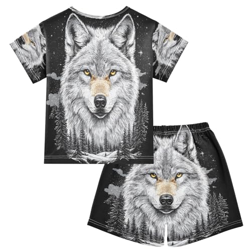 ALAZA Wolf Black Pajamas Set Short Sleeve Cotton Sleepwear Summer Pjs 2 Piece 5-14Y2