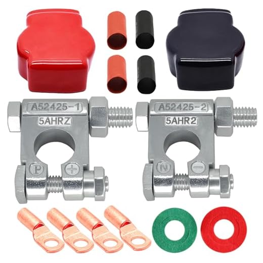 DLronwey Battery Terminal Connectors,Military Spec Positive Negative Heavy Duty Battery Terminals with 4 pcs 2 Gauge 3/8" Copper Lugs,4 Heatshrink,2 Cover and Anti Corrosion Washers
