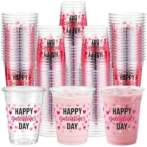 Acellegic 60 Pcs 12oz Galentines Day Cups Pink Heart Plastic Disposable Cups Happy Galentines Day Design for Girls Night Valentines Brunch Friendship Party Celebration Decorations
