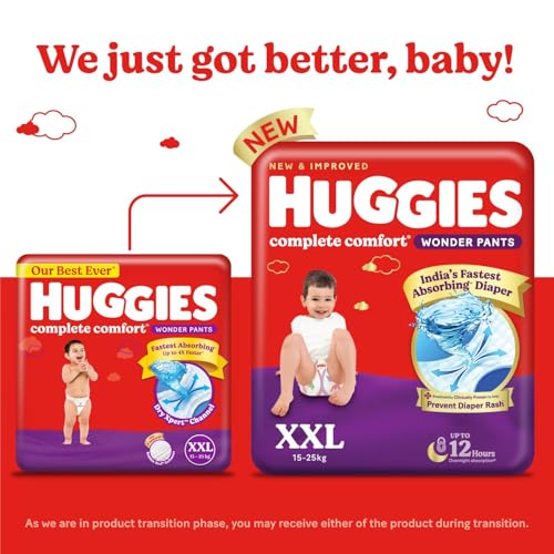 Image of Huggies Complete Comfort Wonder Pants | Pant Style Baby Diapers Double Extra Large (XXL) Size, 96 Count | India's Fastest Absorbing Diaper, Prevents Diaper Rash, Ideal for 15 to 25 Kgs (24 Count, Pack of 4)