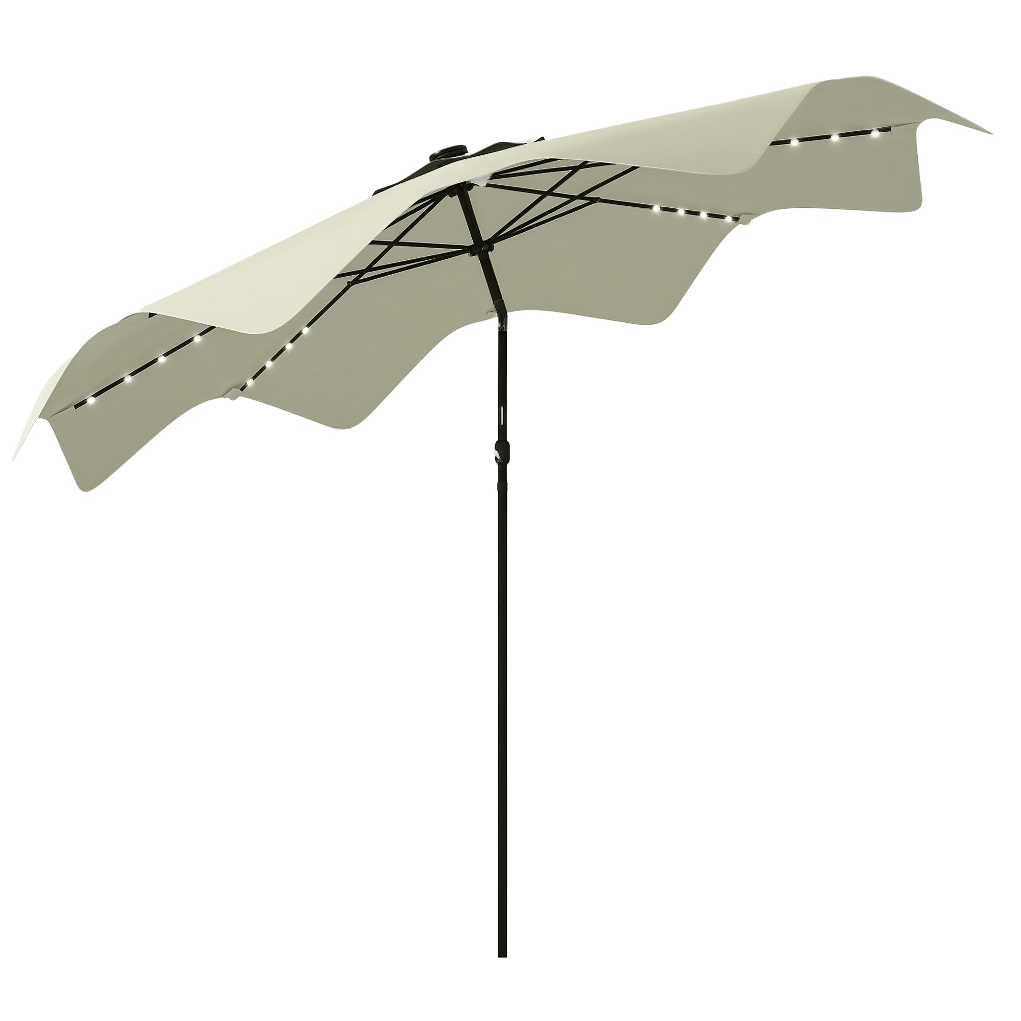 Outsunny Sombrilla de Jardín Ø292x248 cm Parasol de Terraza Manual con 32 Luces LED Solares 8 Varillas Ángulo Ajustable Impermeable y Rejillas de Ventilación para Patio Balcón