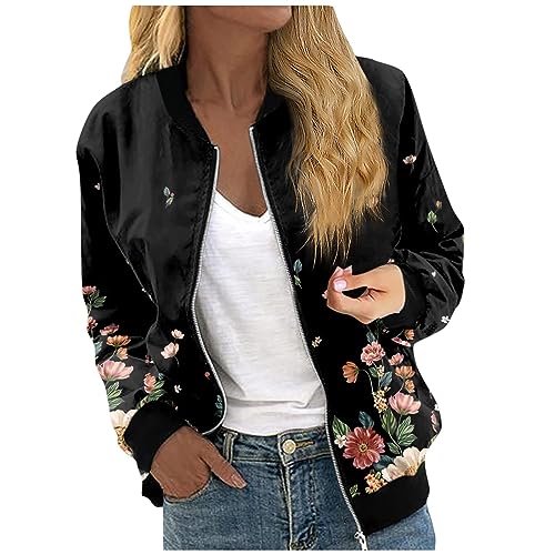Bomber Jacket Women 2025 Long Sleeve Stand Collar Fall Jackets Lightweight Causal Floral Zip Up Coats