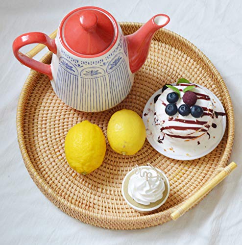 DOKOT Ronde Rotan Dienblad met Handgrepen Thee Brood Salontafel Mand Taart Gebak 32cm