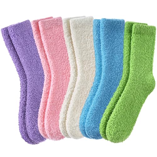 DYW Fuzzy Socks for Women Fluffy Winter Warm Slipper Soft Cozy Home Sleeping Socks 5 Pairs Purple/Pink/Blue/White/Green