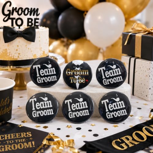 Image of Wanna Party Team Groom Badge Set of 6 | 5 Team Groom Badges + 1 Groom To Be Badge | Bachelor Party Accessories, Wedding Badges, Groom Squad Props for Engagement, Baraat, Sangeet & Photoshoot