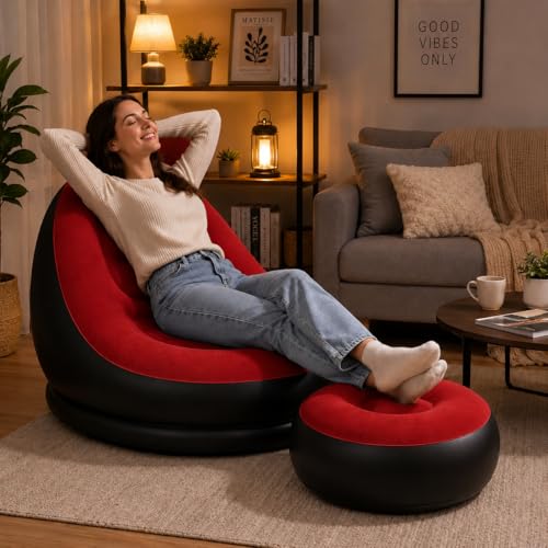 Image of Inflatable Air Sofa Chair with Ottoman & Automatic Electric Pump, Portable Flocked Blow Up Lounge Chair for Living Room, Bedroom, Camping & Outdoor Use (Red)