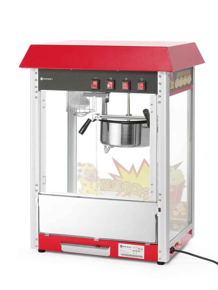 HENDI Popcornmaschine, mit Schaufel, Heizpfanne mit Rührwerk, beleuchteter Innenraum, Popcorn Maker, Warmhaltevitrine, 230V/1155W, 560x420x(H)760mm, Edelstahl, Aluminium, Glas, rot