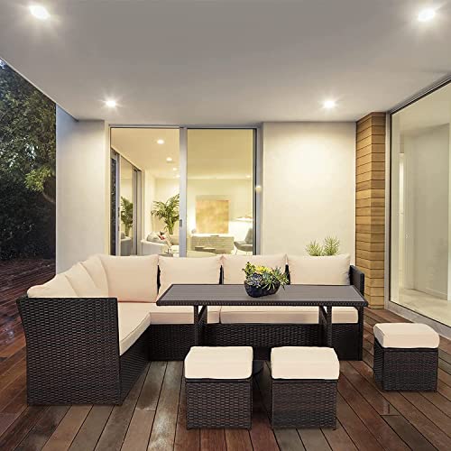 Image of DEVOKO 6-pcs Conversation Wicker Sofa Wooden top Dining Table, Outdoor Patio Furniture Set with Cushions for Garden, Poolside, Balcony (Dark Brown and Cream)