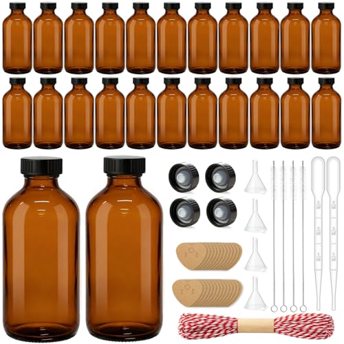 TBWIND 24 Pack 8oz Amber Glass Boston Round Bottles with Airtight Caps