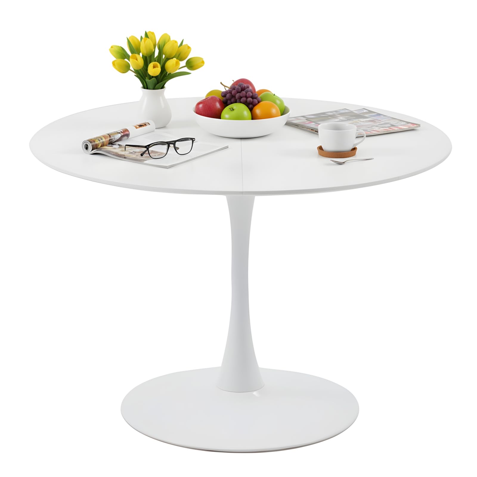 Table de Salle a Manger Ronde Blanche de 110 cm Diametre pour 4 à 6 Personnes, Table Ronde Salle Manger Moderne avec Base en Métal pour Cuisine Salon Restaurant Café Bureau, Blanc