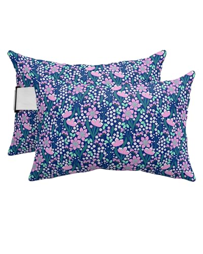 HERBED Outdoor Pillows Covers with Inserts Summer Pink Flowers Blue Texture Waterproof Pillow with Adjustable Strap Throw Pillows for Patio Furniture Pool Lounge Chair, 11x16 Inch, 2PCS